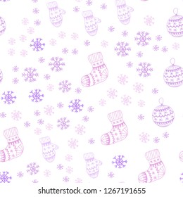 Light Purple vector seamless cover with beautiful snowflakes, balls, socks, mittens. Modern geometric abstract illustration. Design for wallpaper, fabric makers.