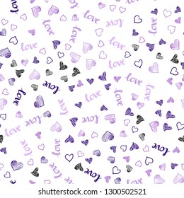 Light Purple vector seamless cover with quote LOVE YOU, hearts. Illustration with words of love, hearts in abstract style. Texture for window blinds, curtains.