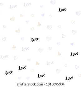 Light Purple vector seamless cover with quote LOVE YOU, hearts. Illustration with words of love, hearts in abstract style. Texture for window blinds, curtains.