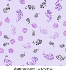 Light Purple vector seamless doodle texture with leaves and flowers. Shining colored illustration with leaves and flowers. Hand painted design for web, wrapping.
