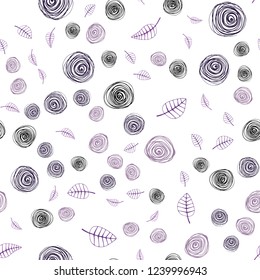 Light Purple vector seamless doodle backdrop with leaves and flowers. Leaves and flowers with gradient on white background. Pattern for design of fabric, wallpapers.