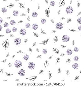 Light Purple vector seamless doodle texture with leaves, flowers. Leaves, flowers in doodle style on white background. Pattern for trendy fabric, wallpapers.