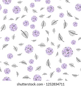 Light Purple vector seamless doodle backdrop with leaves, flowers. Leaves, flowers in doodle style on white background. Pattern for trendy fabric, wallpapers.