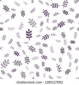 Light Purple vector seamless doodle texture with leaves, branches. Leaves, branches in natural style on white background. Design for textile, fabric, wallpapers.