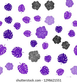 Light Purple vector seamless doodle pattern with flowers, leaves. Leaves, flowers in natural style on white background. Pattern for trendy fabric, wallpapers.