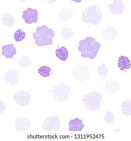 Light Purple vector seamless doodle layout with flowers, leaves. Sketchy doodles on white background. Design for textile, fabric, wallpapers.