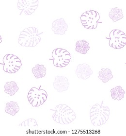 Light Purple vector seamless elegant template with flowers, leaves. Leaves, flowers in natural style on white background. Design for textile, fabric, wallpapers.