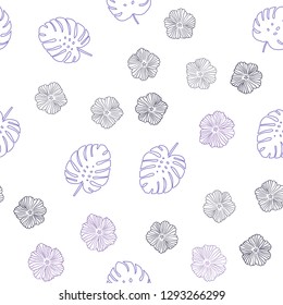 Light Purple vector seamless elegant pattern with flowers, leaves. Glitter abstract illustration with leaves and flowers. Template for business cards, websites.
