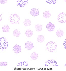 Light Purple vector seamless elegant pattern with flowers, leaves. Leaves and flowers with gradient on white background. Design for textile, fabric, wallpapers.