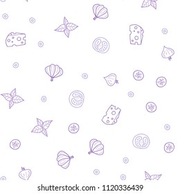 Light Purple vector seamless layout with restaurant food. Decorative shining illustration with food on abstract template. Pattern for ads of breakfast, lunch, dinner.