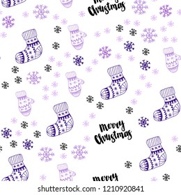 Light Purple vector seamless layout with bright snowflakes, balls, socks, mittens. Colorful decorative design in xmas style. Template for business cards, websites.