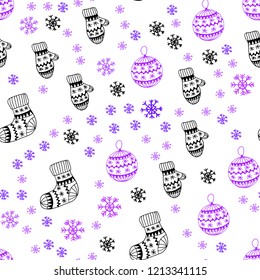 Light Purple vector seamless layout with bright snowflakes, balls, socks, mittens. Colorful xmas elements with gradient. Pattern for design of fabric, wallpapers.