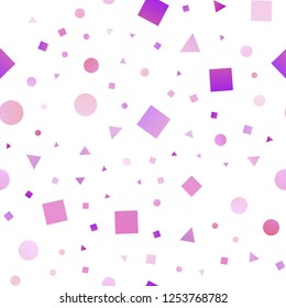 Light Purple vector seamless layout with circles, lines, rectangles. Abstract gradient illustration with circles, triangles, cubes. Template for business cards, websites.