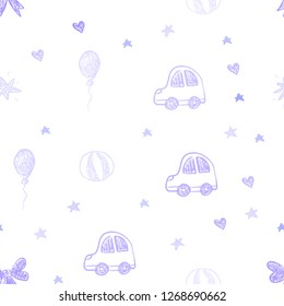Light Purple vector seamless layout with new year gifts. Abstract illustration with a toy car, heart, baloon, tulip, candy, ball. Pattern for birthday gifts.