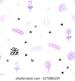 Light Purple vector seamless layout in new year style. Colorful illustration with aheart, baloon, candy, gift, star, ribbon. Pattern for birthday gifts.