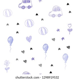 Light Purple vector seamless layout with new year gifts. Shining illustration with a toy car, heart, baloon, tulip, candy, ball. Pattern for birthday gifts.