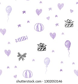 Light Purple vector seamless layout in new year style. Colorful illustration with aheart, baloon, candy, gift, star, ribbon. Design for holiday adverts.