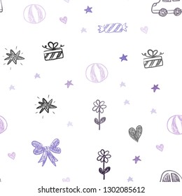 Light Purple vector seamless layout with new year gifts. Illustration with a colorful toy car, heart, baloon, tulip, candy, ball. Design for holiday adverts.