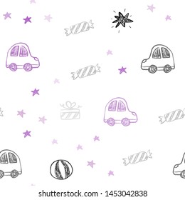Light Purple vector seamless layout in new year style. Abstract illustration with a toy car, baloon, candy, star, ball. Design for holiday adverts.