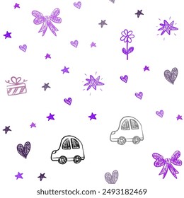 Light Purple vector seamless layout with new year gifts. Illustration with a colorful toy car, heart, baloon, tulip, candy, ball. Pattern for birthday gifts.