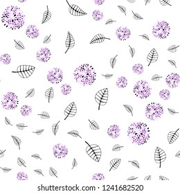 Light Purple vector seamless natural pattern with leaves, flowers. Leaves, flowers in doodle style on white background. Pattern for design of fabric, wallpapers.