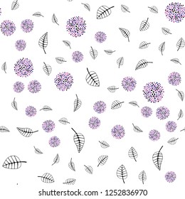 Light Purple vector seamless natural pattern with leaves, flowers. Leaves, flowers in doodle style on white background. Template for business cards, websites.