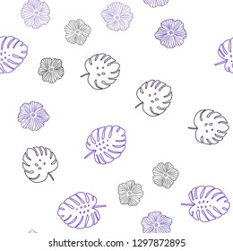 Light Purple vector seamless natural backdrop with flowers, leaves. Colorful illustration in doodle style with leaves, flowers. Pattern for design of fabric, wallpapers.