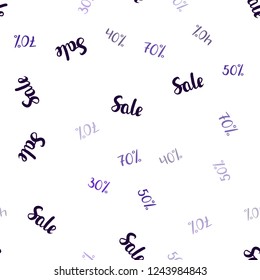 Light Purple vector seamless pattern with 30, 40, 50 percentage signs. Shining colorful illustration with isolated selling prices. Backdrop for mega promotions, discounts.