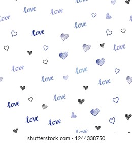 Light Purple vector seamless pattern with phrase LOVE YOU, hearts. Illustration with phrase LOVE YOU, hearts for valentine's day. Template for business cards, websites.