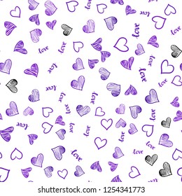 Light Purple vector seamless pattern with phrase LOVE YOU, hearts. Design in doodle style with text LOVE YOU, hearts. Design for textile, fabric, wallpapers.