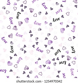 Light Purple vector seamless pattern with phrase LOVE YOU, hearts. Design in doodle style with text LOVE YOU, hearts. Pattern for trendy fabric, wallpapers.