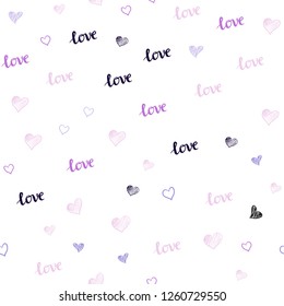 Light Purple vector seamless pattern with phrase LOVE YOU, hearts. Illustration with phrase LOVE YOU, hearts for valentine's day. Template for business cards, websites.
