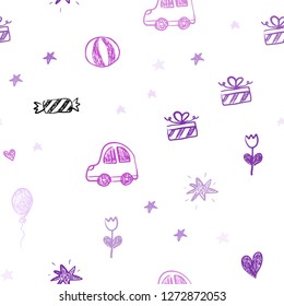Light Purple vector seamless pattern with christmas toys. Shining illustration with a toy car, heart, baloon, tulip, candy, ball. Pattern for carnival, festival ads.