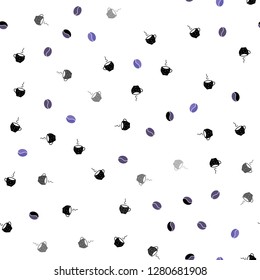 Light Purple vector seamless pattern with coffee beans, cups. Gradient abstract collection of coffee cups and beans. Template of a black hot beverage in a cafe.