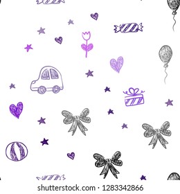 Light Purple vector seamless pattern with christmas toys. Illustration with a colorful toy car, heart, baloon, tulip, candy, ball. Pattern for carnival, festival ads.