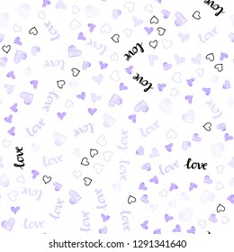 Light Purple vector seamless pattern with phrase LOVE YOU, hearts. Illustration with words of love, hearts in abstract style. Design for textile, fabric, wallpapers.