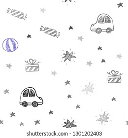 Light Purple vector seamless pattern in christmas style. Abstract illustration with a toy car, baloon, candy, star, ball. Pattern for birthday gifts.