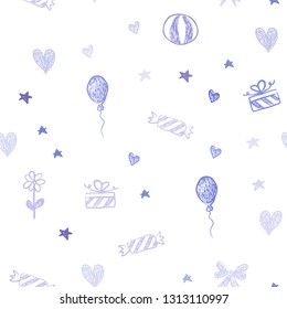 Light Purple vector seamless pattern in christmas style. Illustration with a gradientheart, baloon, candy, gift, star, ribbon. Pattern for new year ads.