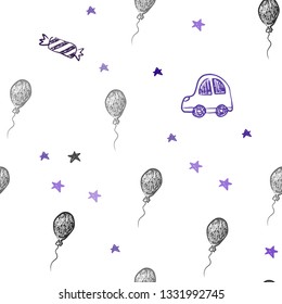 Light Purple vector seamless pattern in christmas style. Shining illustration with a toy car, baloon, candy, star, ball. Pattern for carnival, festival ads.