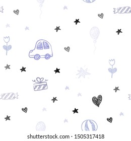 Light Purple vector seamless pattern with christmas toys. Shining illustration with a toy car, heart, baloon, tulip, candy, ball. Pattern for new year ads.