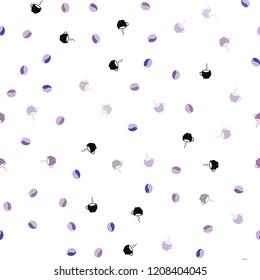 Light Purple vector seamless template with cups of coffee, beans. Gradient illustration with set of mugs, beans. Pattern for menu of cafes and restaurants.