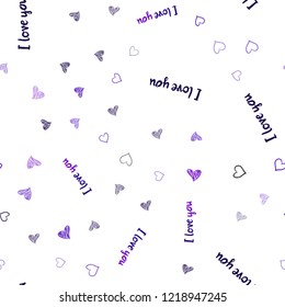 Light Purple vector seamless template with doodle hearts. Decorative shining illustration with hearts on abstract template. Pattern for carnival, festival romantic leaflets.