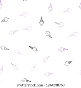 Light Purple vector seamless template with tasty ice-cream. Glitter abstract sketch with ice-cream cones. Doodle design for your business advert of cafes.