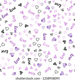 Light Purple vector seamless template with text LOVE YOU, hearts. Illustration with words of love, hearts in abstract style. Texture for window blinds, curtains.