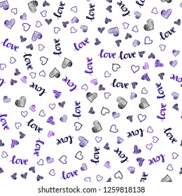 Light Purple vector seamless template with text LOVE YOU, hearts. Design in doodle style with text LOVE YOU, hearts. Design for textile, fabric, wallpapers.