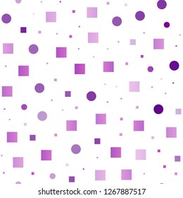 Light Purple vector seamless template with spots, rectangles. Illustration with set of shining colorful abstract circles, cubes. Design for textile, fabric, wallpapers.