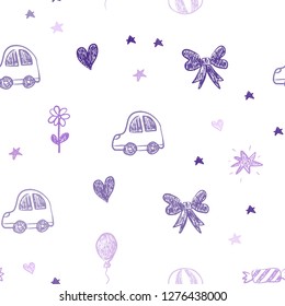 Light Purple vector seamless template with carnival elements. Design in xmas style with a toy car, heart, baloon, tulip, candy, ball. Pattern for birthday gifts.