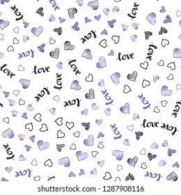 Light Purple vector seamless template with text LOVE YOU, hearts. Illustration with words of love, hearts in abstract style. Pattern for design of fabric, wallpapers.