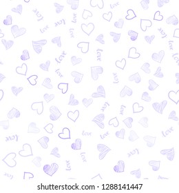 Light Purple vector seamless template with text LOVE YOU, hearts. Illustration with words of love, hearts in abstract style. Design for textile, fabric, wallpapers.