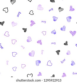 Light Purple vector seamless template with text LOVE YOU, hearts. Design in doodle style with text LOVE YOU, hearts. Texture for window blinds, curtains.